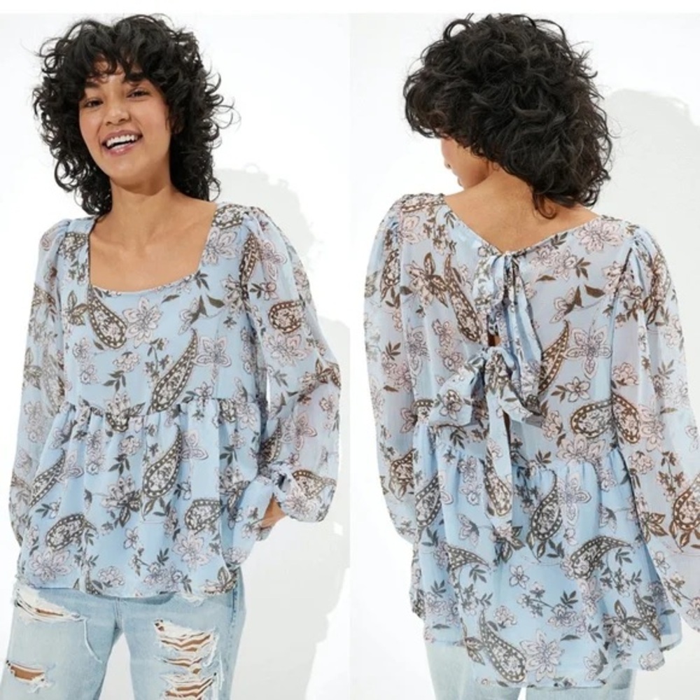 American Eagle Outfitters Blue Floral Paisley Babydoll Top